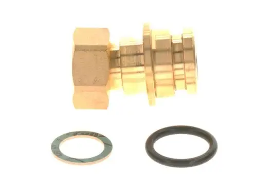 Bosch Anschlussnippel aus Messing mit Unterlegscheibe und O-Ring, geeignet für Heizungsinstallationen, zur Verbindung von Rohrsystemen.